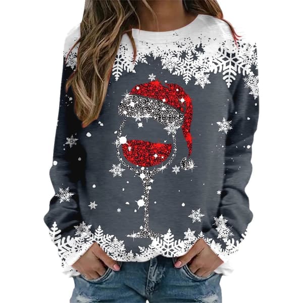Women's Christmas Sweater, Round Neck, Long Sleeve Hoodie, Pullover - Gray - Size S Gray