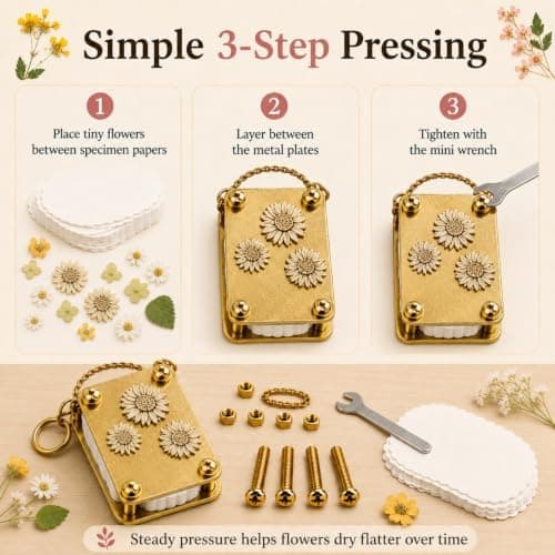 Mini Flower Press Keychain - Handmade Gold Metal Micro Press Kit with 20 Sheets