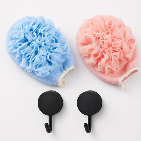 2-pack badluffahandskar med krokar – blå för män, rosa för kvinnor, exfolierande duschset