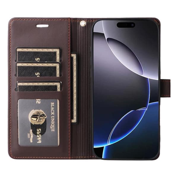 iPhone 17 Pro Max Leather Case with Six Card Slots and Strap Kaffe