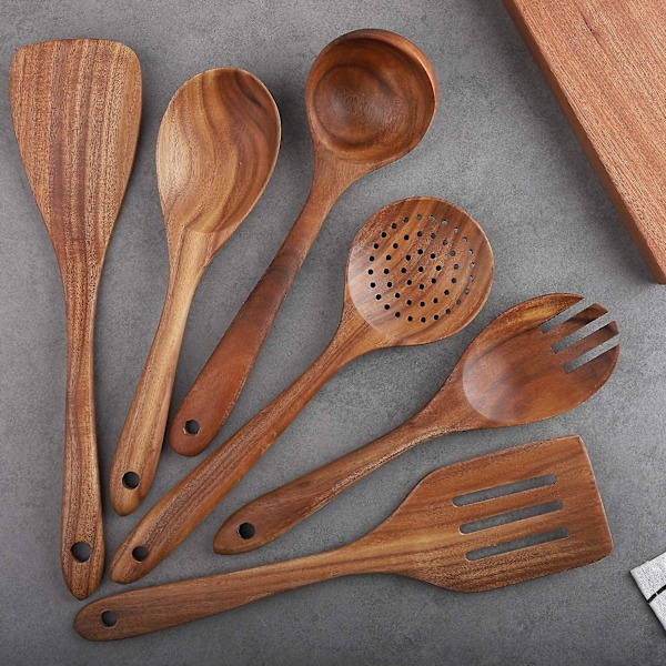 Wooden Utensils in Wood, 6 Pieces, Scratch-Resistant and Heat-Resistant