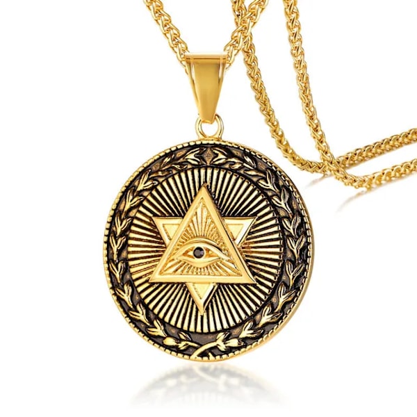 Antikk Herre Halskjede Triangel Forsynets Øye Illuminati Pyramide Allseende Øye Rustfritt Stål Anheng Punk Smykker-FS2-