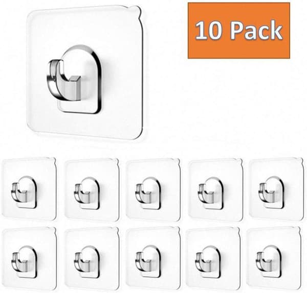 10-pack 15lb (max) sömlös liten väggkrok självhäftande transparent