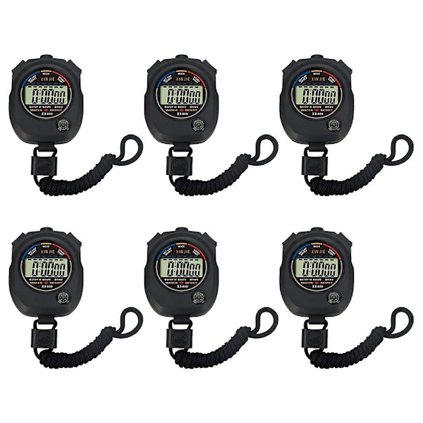 6-pack tävlingsstoppur, tävlingstimer, elektronisk klocka, praktisk träningstimer (6 stycken, svart)-X44-