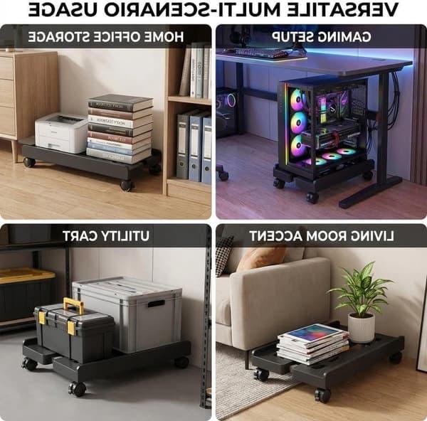 CPU-stativ med hjul, rullende mobil computertårn-vogn, universel holder til under gaming-skrivebord, sort kontor-arbejdsstation