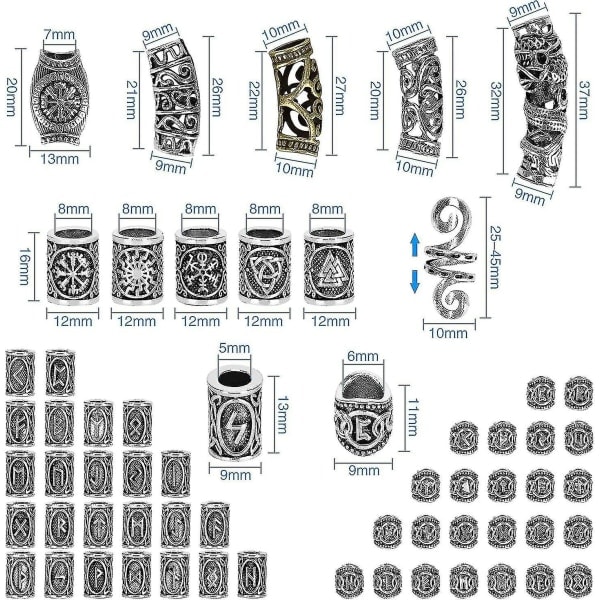 Kryc 80 Runpärlor Set Med 300 Gummiband, Viking Skäggpärlor, Antik DIY Hår Och Skäggpärlor, Nordiska Hårsmycken, Flätad Armband, Hänge 1247
