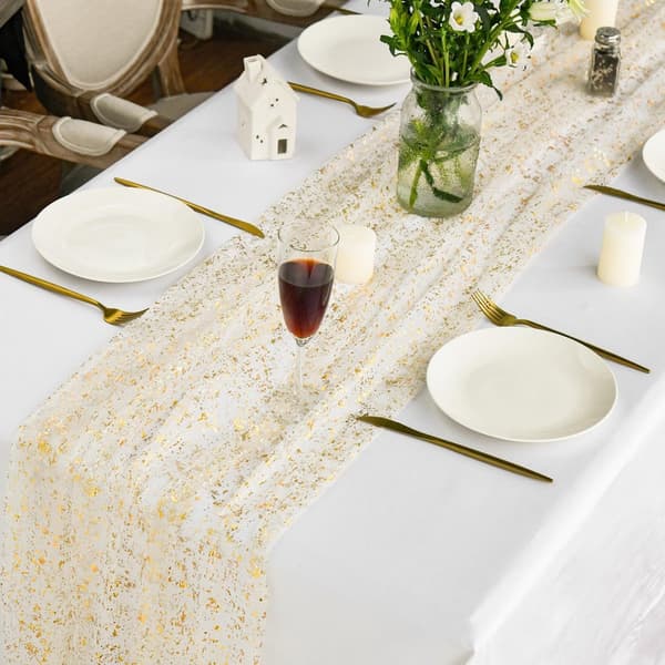 Tyllnett bordløper glitter gullfolie 70x300cm, festlig lyseblå gull dekorasjon