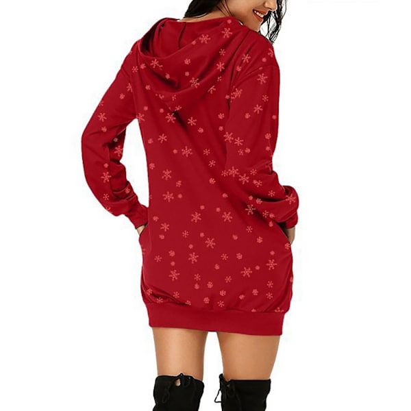 Glad Jul Dame Reinsdyr Trykt Hoodie Genser Mini Kjole Jul Rød Red 3XL