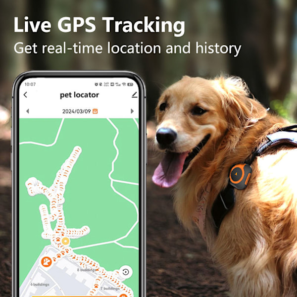 GPS-spårare för hundar och katter, ingen månadsavgift, med hälsoövervakning, vattentät, fungerar med alla halsband (Android och iOS Universal)