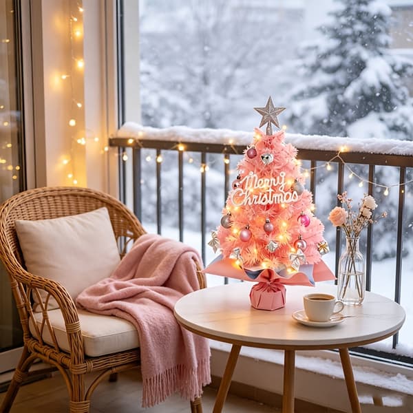 Kunstigt Mini Juletræ med LED-lys og Topstjerne til Skrivebords Julepynt Pink Tree + LED