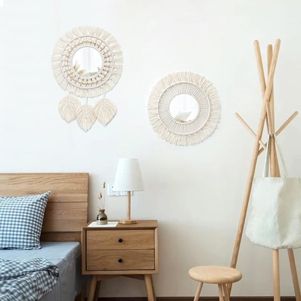 2 stk. Makrame Vegghengende Dekorativt Speil med Vevde Blader Boho Frynser Rundt Speil for Soverom Stue Barnerom Hjemmeinnredning (Style-08)