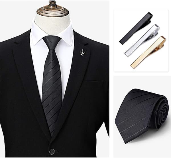 3-pack men's tie clips, long models, square edge tie clips, tie clips silver gold black, wedding tie