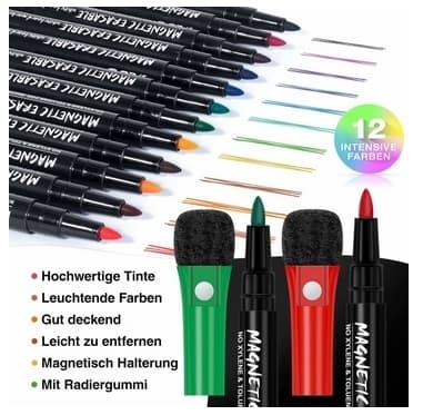 12 sæt med magnetiske whiteboardpenne og viskelæder