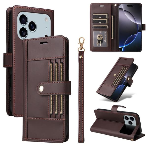 iPhone 17 Pro Max Lædercover med seks kortlommer og rem Kaffe