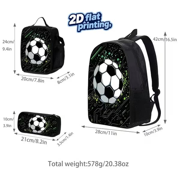 Fodboldrygsæk 3 dele sæt, stor kapacitet, trykt design til teenager 41.91cm Green