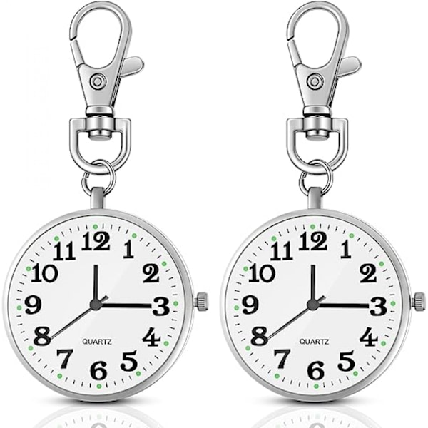 Förpackning Silver Quartz Fickur med Nyckelspänne, Rund Fickur, Nyckelring, Portabel Unisex Klocka för Barn, Män, Sjuksköterskor, Kvinnor 1579