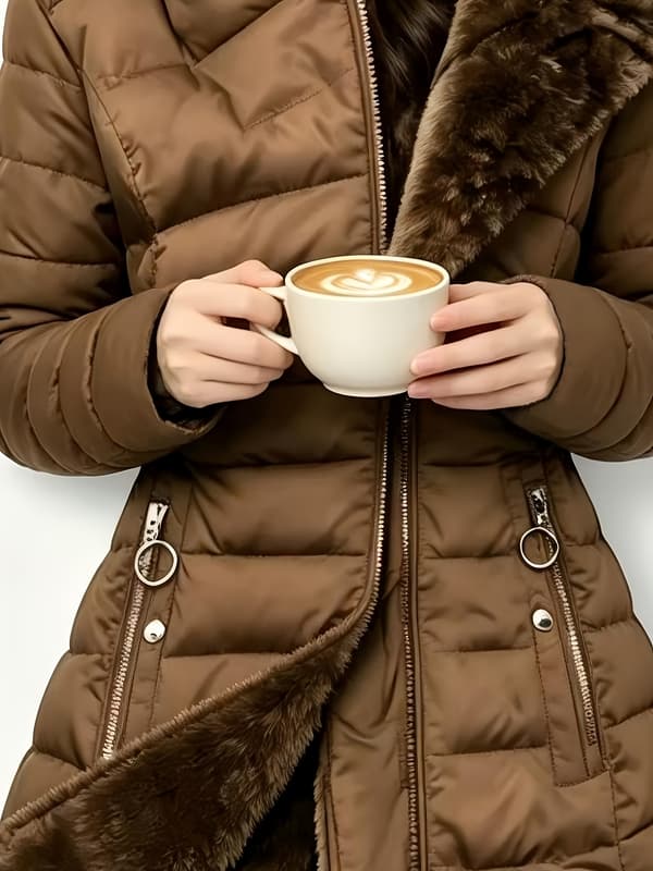 Vinterfrakke til kvinder, mellemlang, med hætte, fleeceforet, varm, løs, afslappet lynlåsjakke L Coffee