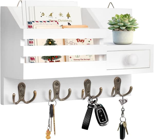 Wall Mounted Wooden Key Holder with Drawer, Small Shelf, 8 Hooks, Two Mounting Options, White.-FS-