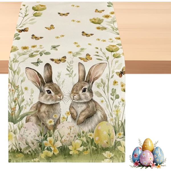 Easter Table Runner 183x33cm - Trendy Easter Bunny, Flowers & Easter Eggs Table Decoration Spring Decoration for Party & Home-FS-