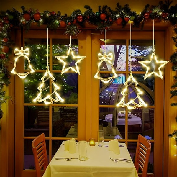 3 stk LED juletre vinduslamper med sugekopper, tre, klokke, stjerneformet LED-sugelampe