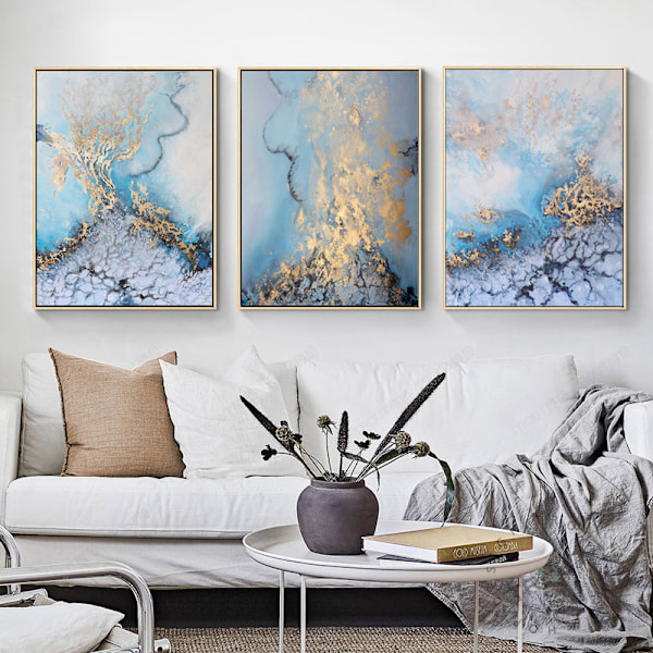Set med 3 abstrakta dekorativa målningar på canvas, blå marmortryck