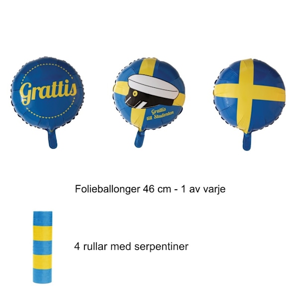 Student Dekorationspaket XL Gul & Blå Heliumballonger, Folieballonger, Konfetti, Serpentiner & Vimpelgirlang för Examen - Student