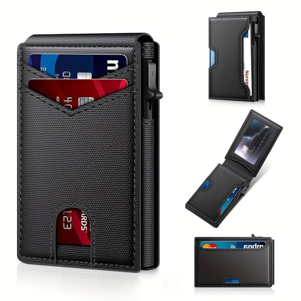 Men's Wallet in Black Carbon Fiber Texture, RFID Blocking Pop-Up Card Holder, Slim Foldable Wallet with Magnetic Closure, Compact Lightweight