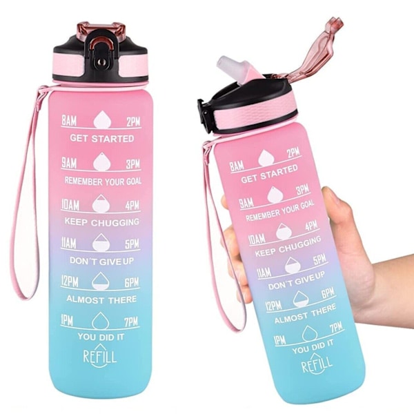 2-pack - 1 l vattenflaska med sugrör och timer Pink-Blue