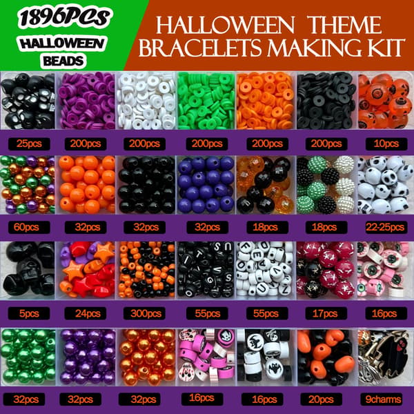 Halloween Bead Bracelet Kit, Pumpkin and Skull Beads for Jewelry Making