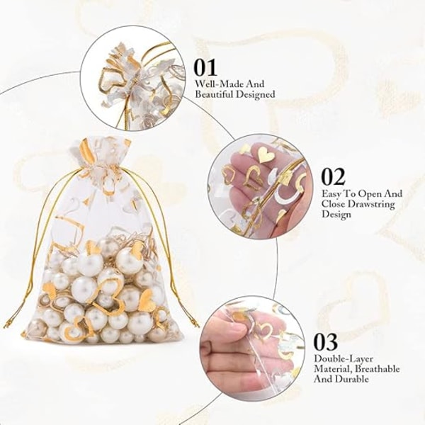 105 stk Organzaposer, 10 x 15 cm Hvidt Hjertemønster Organza Gaveposer med Snøre, Smykkeposer Lavendelposer Slikposer Bryllupsgaver