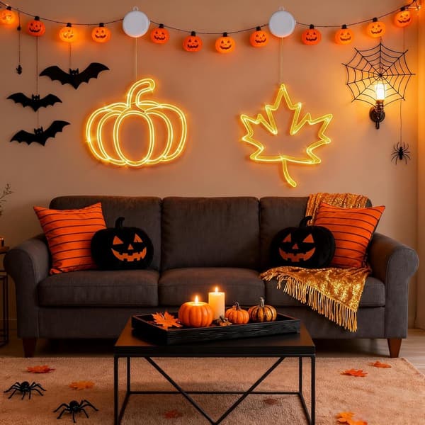 Efterårsvindueslys Halloween græskarpynt med sugekop, efterårslyskæde pakke med 2