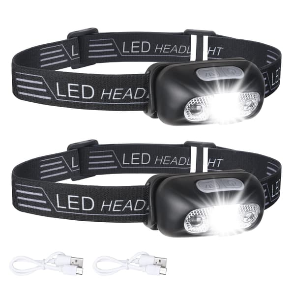 2-pack USB Rechargeable Headlamp, IPX6 Waterproof Headlight, Ultralight Super Bright 160 Lumen LED Headlamp with Motion Sensor and Red Light Modes