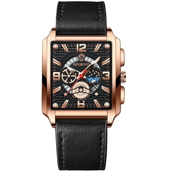 Uusi urheilukello, huippumerkki, ylellinen ruusukultainen kello ruostumattomasta teräksestä, miesten muoti, vedenkestävä rannekello Relogio Masculino-FS2- Leather Rose Black