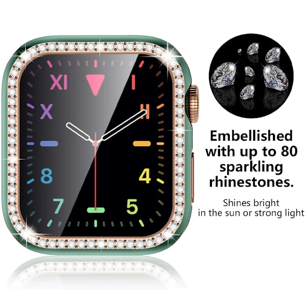 Bling Glass+ skydd för Apple Watch Case 45mm 41mm 40mm 44mm 42mm 38mm Diamant stötfångare+skärmsskydd iwatch serie 7 9 8 5 6 SE C silver 565