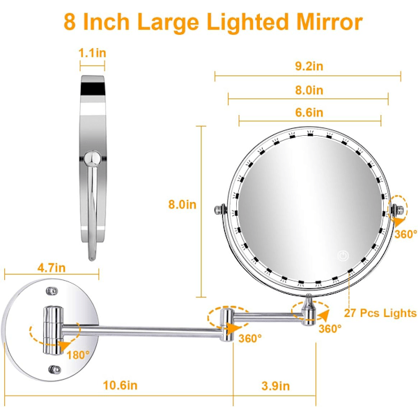 8-tuumainen LED-meikkispeili seinäkiinnitys, valaistu suurennuspeili, 1x/10x suurennos, USB-lataus, 360° kääntyvä, kylpyhuoneeseen ja kotiin