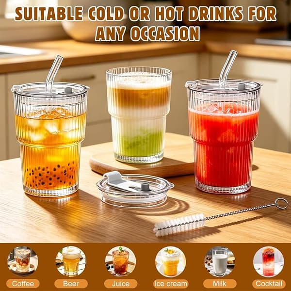 2 delar 400 ml räfflade glasburkar med lock och sugrör, iskaffeglas, smoothieglas, lufttät och vattentät design