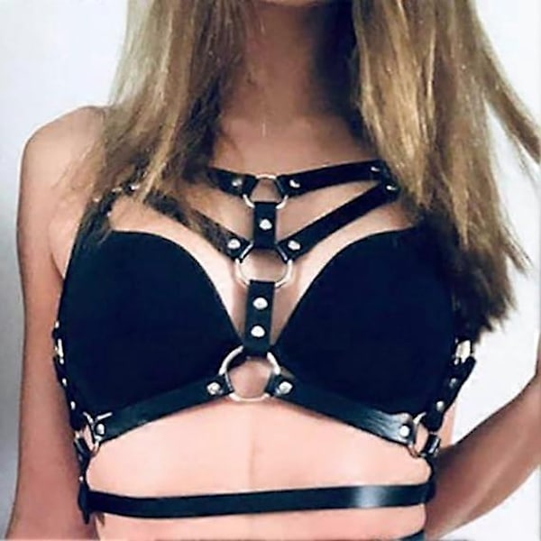 Punk Læder Bryst Kæde Sort Sexy Sele Talje Kæder Natklub Fest Prom Rave Bælte Mave BH Smykker Tilbehør til Kvinder-WELLNGS 1077