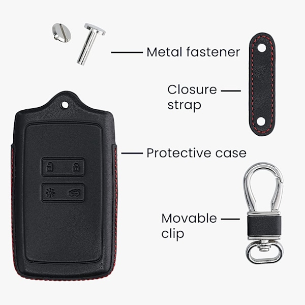 Fodral Kompatibelt med Renault Smart Key 4-knapp (Endast Keyless Go) - Svart-Röd-Äkta Läder Bilnyckelfodral med Nyckelring-FS1-