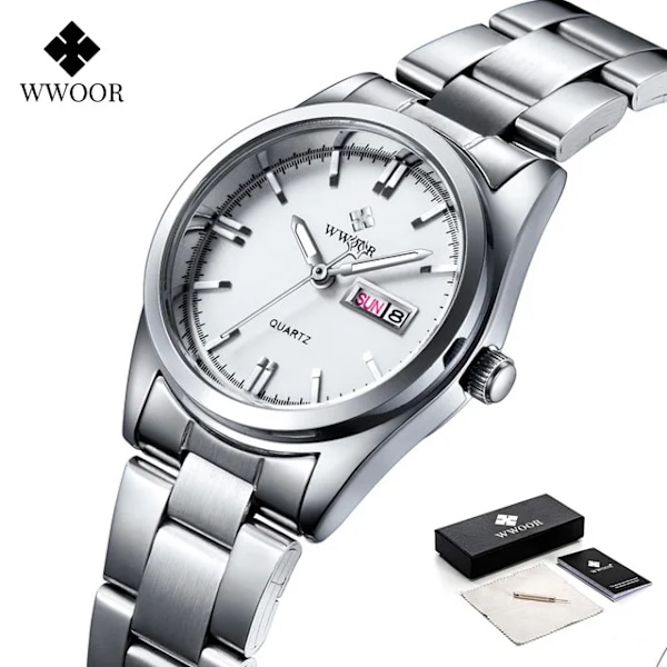 Damklocka 2023 WWOOR Mode Damklockor Vattentät Quartz Silver Klocka Dam Automatisk Datumklänning Armbandsur Watch Muj-FS1- silver white box