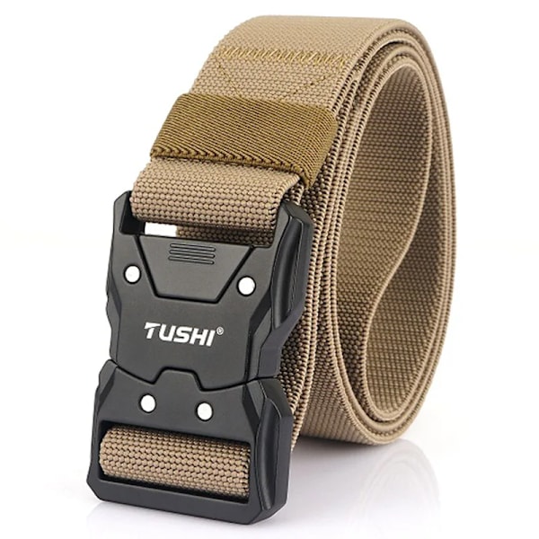 VATLTY Nyt unisex elastisk bælte hårdlegering hurtigspænde robust stretch nylon herre militær taktisk bælte arbejdstilbehør khaki-FS1- Khaki 125cm