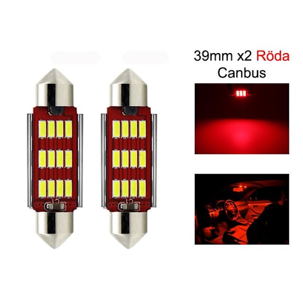 c5w Canbus 39mm Röda LED Spollampor SV8.5 Festoon 2-pack 12V Red Röd