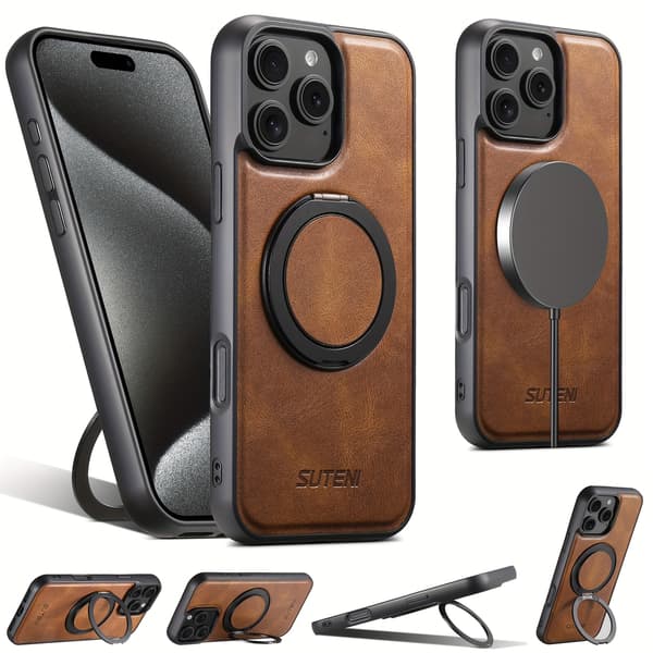 SUTENI Magnetisk Trådløs Ladeetui med 360° Roterende Ringstativ, Kunstskinnveske iPhone 17 Pro Black