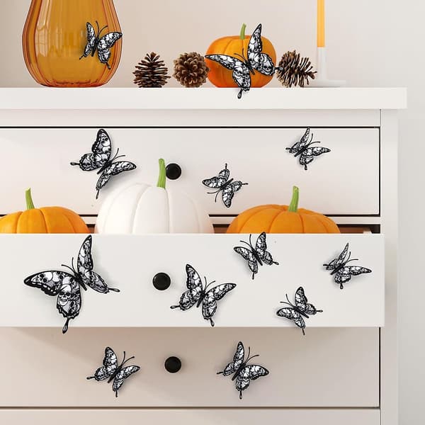 Halloween Wall Decor 3D Stereo Skull Butterfly Wall Decals Halloween Decorations Skeleton Butterflies Design Black Gothic Home Decor Halloween Wall