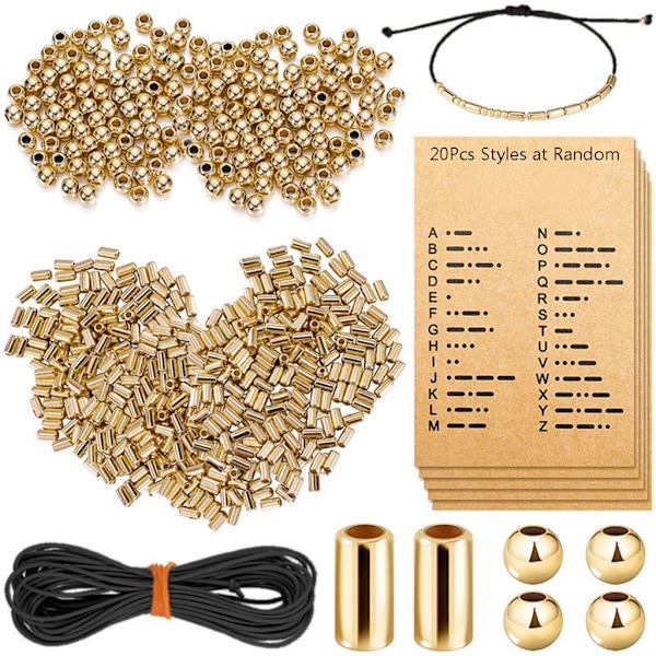 Runda distanspärlor Långa rör distanspärlor Manuellt justerbart armband Halsband Morsekod avkodningskort set Gold 0.09