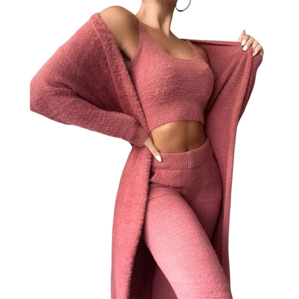 Dames Sexy Varmt Fuzzy Fleece 3-Delers Outfit Pyjamas, Koselig Strikket Sett 3-Deler, Åpen Front Hoodie Cardigan Topp Bukser (M)