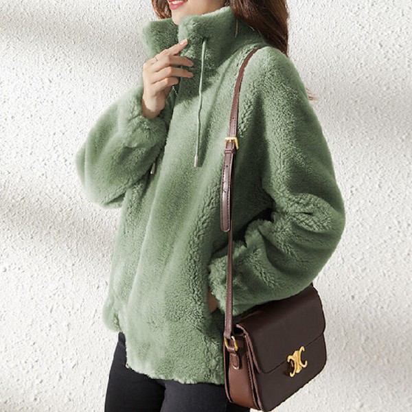 Dam Fleece Fluffig Teddy Bear Kappa Enkel Ficka Jacka Ytterkläder Grön-FS2- Grön 2XL