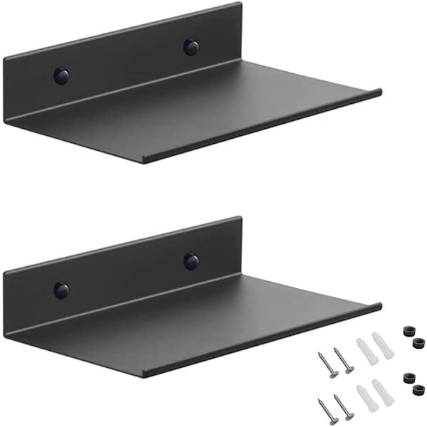Floating Metal Wall Shelf, 2-Pack 20cm Black with Mounting Hardware-FS-