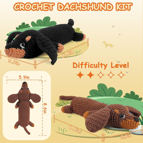 Crochet Kit för Nybörjare, Virkad Djur-Kit Komplett Tax Hund Virkning med Garn Krokar Nålar, Steg-för-steg Videoinstruktioner-X45-
