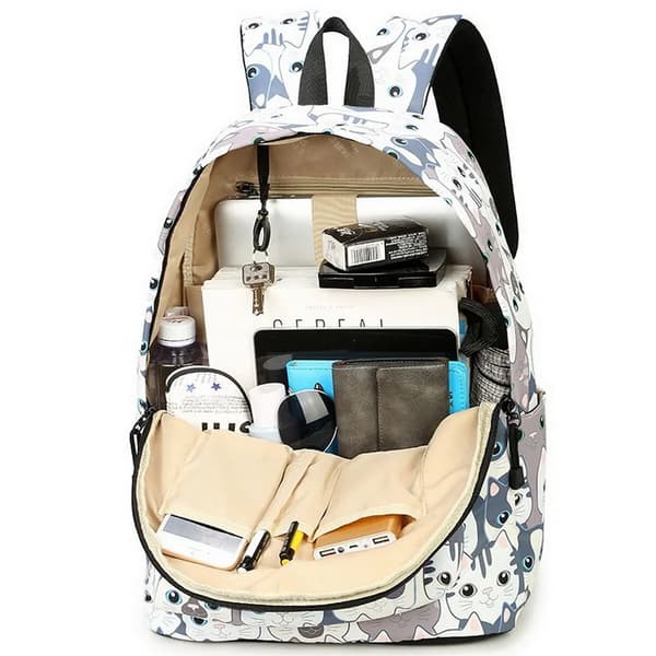 Girls Backpack Blue-School Backpack-Print (Cat)