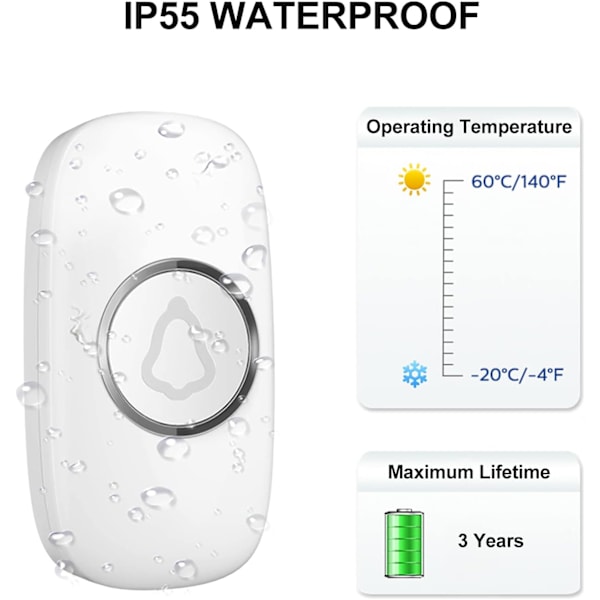 Trådløs dørklokke, stik i vandtæt batteridrevet trådløs elektrisk dørklokke med 1.000 fod lang rækkevidde